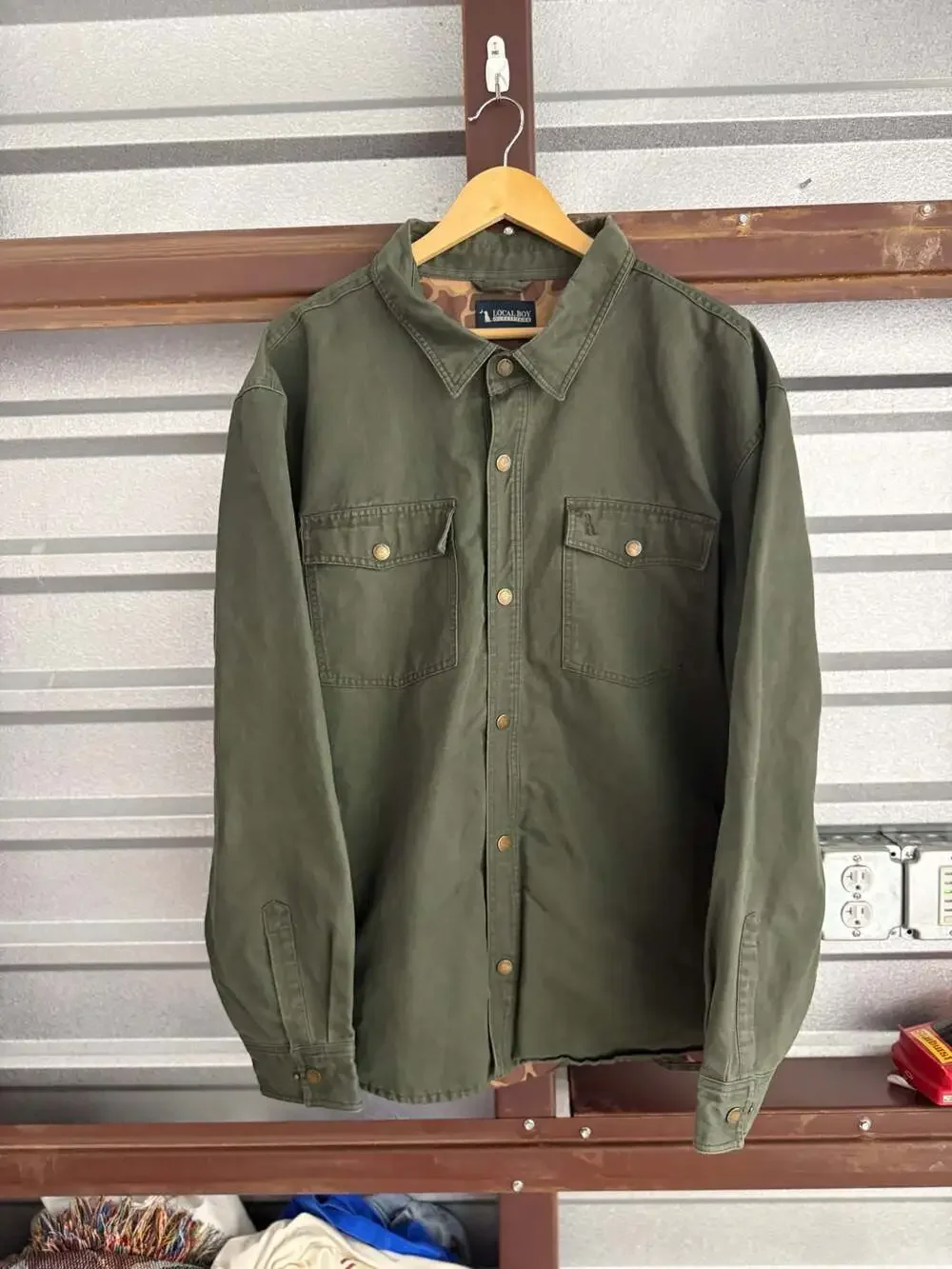 Local Boy Outfitters Men's Olive Green Duck Canvas Field Shirt Jacket with Camo
